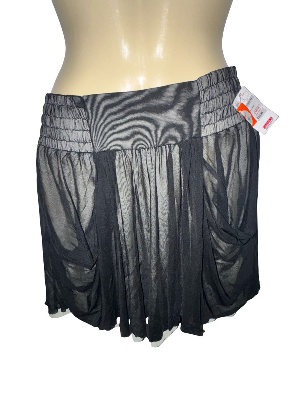 Women's Black Sheer Circle Skater Skirt with Shirred Waistband